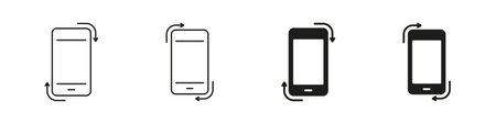 Mobile Phone Screen Movement Line and Solid Icon Set. Device Orientation Change With Arrows Showing Flip, Tilt and Rotation Concept Symbol Collection. Isolated Vectorのイラスト素材