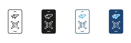 Smartphone With Airplane And Qr Code Icon Set. Mobile Boarding Pass And Digital Ticketing Outline...