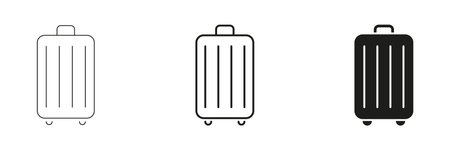 Suitcase Travel Bag Line And Solid Icon Set. Luggage, Baggage, And Travel Essentials Outline And Silhouette Symbol Collection. Vacation And Business Trip Preparationのイラスト素材