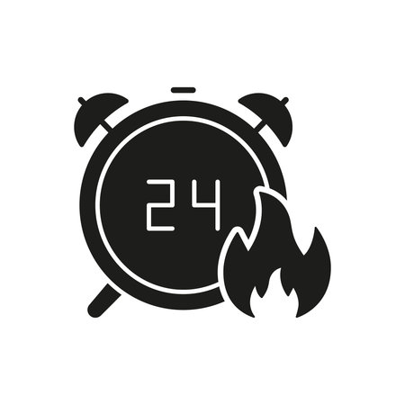 24-Hour Timer With Fire Solid Icon. Rapid Response, Emergency Countdown, And Urgency Silhouette Symbol. Quick Action And Crisis Management. Isolated Vector Illustrationのイラスト素材