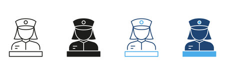 Female Police Officer Icon Set. Law Enforcement, Security, And Public Safety Representation Outline And Silhouette Symbol Collection. Professional Authority Figureのイラスト素材