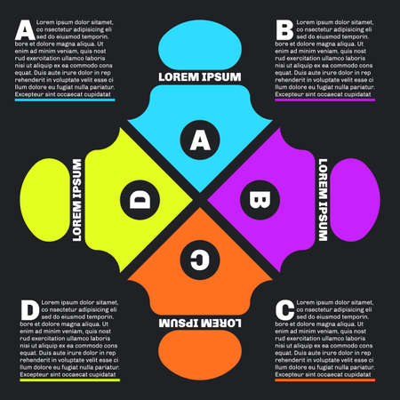 Flat style infographics with four arrows. Clean and simple. Dark background.のイラスト素材