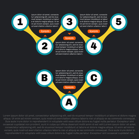 Sequence template infographics. Two parts with footnotes. Clean and simple. Dark background.のイラスト素材