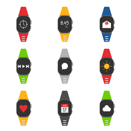 Set of smartwatch with different images on them, as well as different colors straps. Set of 9 pieces.のイラスト素材