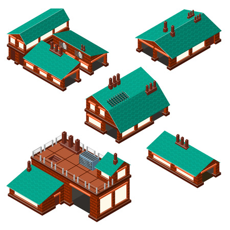Isometric set of factories production facility layout plan. Detailed.のイラスト素材