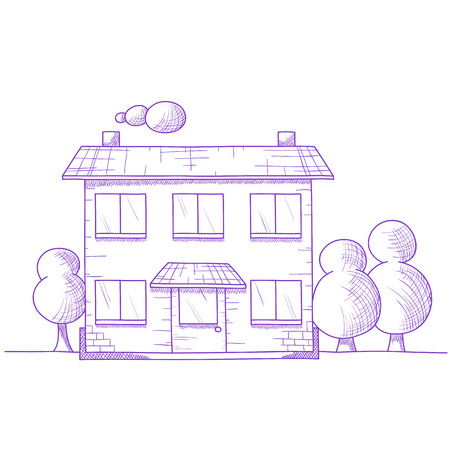 Hand drawn house with trees on ground. Vector imageのイラスト素材