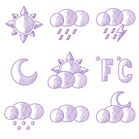 Collection of hand drawn weather forecast icons. Vector imageのイラスト素材
