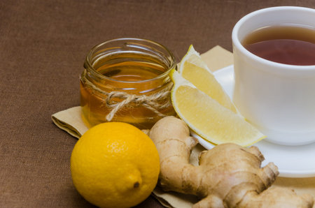 set honey lemon and ginger for home treatment of patient. Fragrant tasty