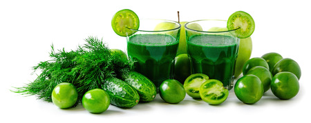 green smoothies with fresh vegetables and fruits, healthy nutrition concept, isolated on white backgroundの写真素材