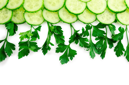 cucumber slices frame isolated on white backgroundの写真素材
