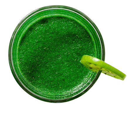 green smoothies with fresh vegetables and fruits, healthy nutrition concept, isolated on white backgroundの写真素材