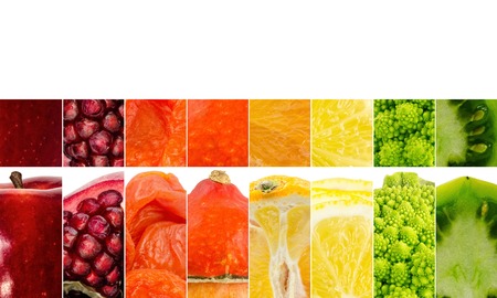 Vivid fruits and vegetables collage, blank for healthy food editions. Summer collection.の写真素材