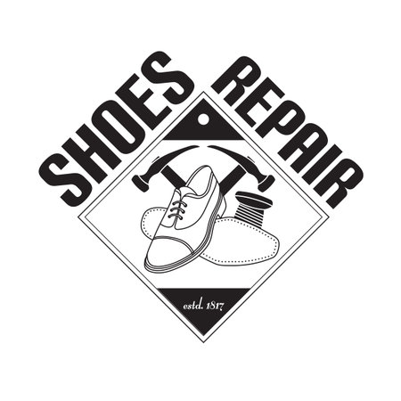 vector image of logo of shoe repair services. Trendy concept for workshop repair or restoration of leather goodsのイラスト素材