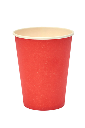 Red paper disposable cup. Isolated on a white background.の写真素材