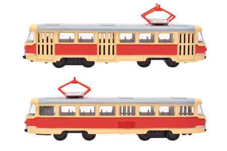 Modern tram toy isolated on white background.