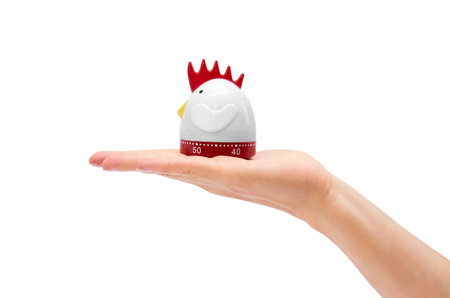 kitchen timer in hand isolated on white background.の写真素材