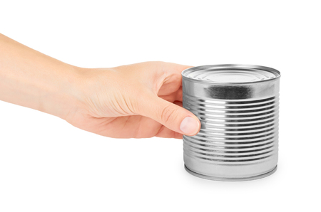aluminum container can in hand. Isolated on white background.の写真素材