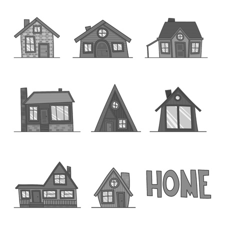 set of Vector black and white illustration of cool detailed house icon isolated on white backgroundのイラスト素材