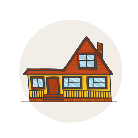 cartoon vintage facade, hand drawn building, doodle home. Isolated on white.のイラスト素材