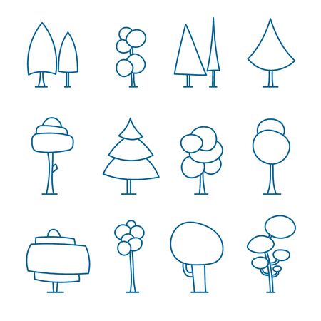 Set of line art cartoon trees, hand drawn forest, doodle vector. Isolated on white. For coloration.のイラスト素材