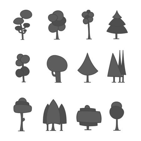 Set of black and white cartoon trees, hand drawn forest, doodle vector. Isolated on white.のイラスト素材