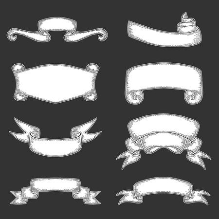 Set of hand drawn ribbons. Isolated on dark background. Black vintage engraving vector template.のイラスト素材