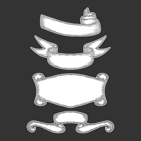 Set of hand drawn ribbons. Isolated on dark background. Black vintage engraving vector template.のイラスト素材