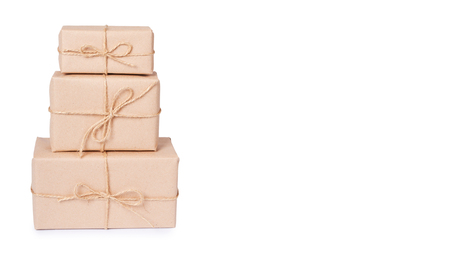 eco gift box from kraft paper isolated on white background. copy space, template.の写真素材
