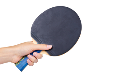 table tennis racket in hand isolated on white background. copy space, template.の写真素材