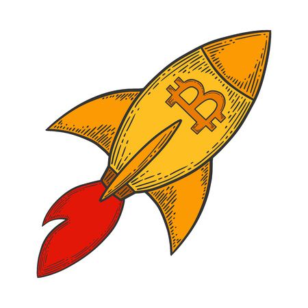 Bitcoin growth and increase stock vector image, digital currency, cryptocurrency money, bitcoin symbol. Doodle and engraved style illustration, hand drawn rocket. Isolated on white background.のイラスト素材
