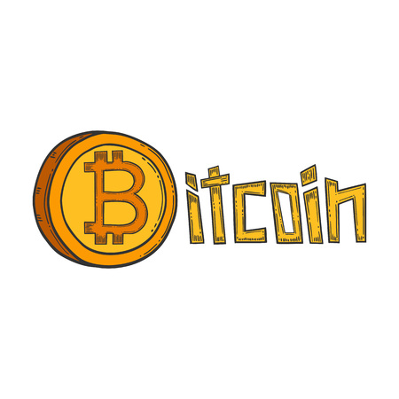 Bitcoin stock vector image, digital currency, cryptocurrency money, lettering, bitcoin symbol. Doodle and engraved style illustration, hand drawn. Isolated on white background.のイラスト素材