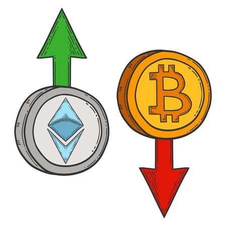 Bitcoin and ethereum growth and increase stock vector image, digital currency, cryptocurrency money, bitcoin symbol. Doodle and engraved style illustration, hand drawn. Isolated on white background.のイラスト素材