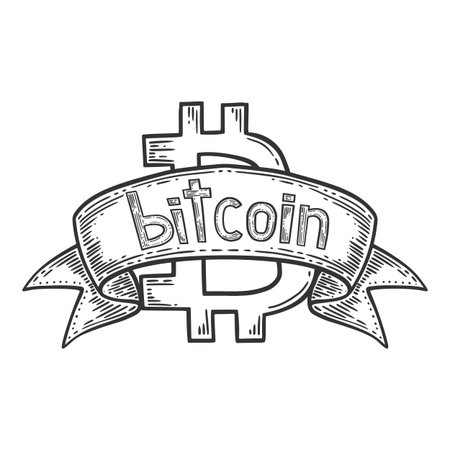Bitcoin stock vector image, digital currency, cryptocurrency money, bitcoin symbol with ribbon. Doodle and engraved style illustration, hand drawn. Isolated on white background.のイラスト素材