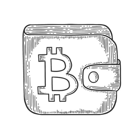 Bitcoin stock vector image, digital currency, cryptocurrency money, bitcoin symbol. Doodle and engraved style illustration, hand drawn, wallet. Isolated on white background.のイラスト素材