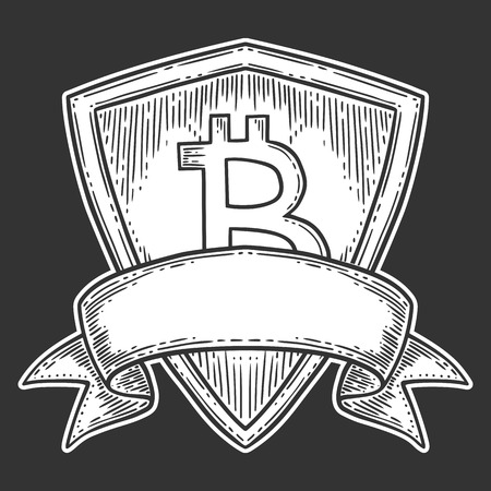 Bitcoin growth and increase stock vector image, digital currency, cryptocurrency money, bitcoin symbol. Doodle and engraved style illustration, hand drawn ribbon, shield.のイラスト素材