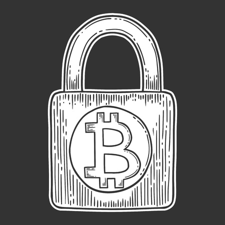 Bitcoin stock vector image, digital currency, cryptocurrency money, bitcoin symbol. Doodle and engraved style illustration, hand drawn, lock.のイラスト素材