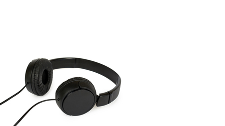 Black wired headphones isolated on white background. copy space, template.の写真素材
