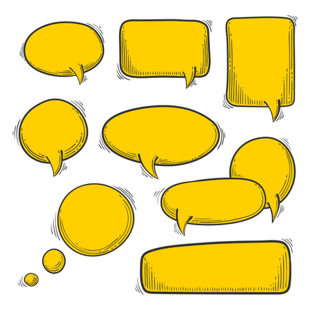 Doodle speech bubbles vector set. Cartoon style message note template for comics. Isolated on white backgroundのイラスト素材