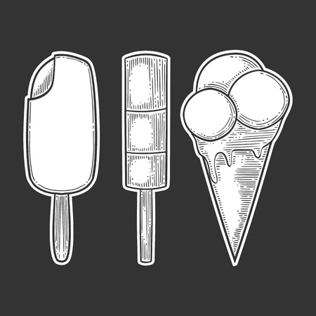 Set of ice cream, frozen fruit juice, milky dessert, wafer cone. Hand drawn vector in engraving and sketch style.のイラスト素材