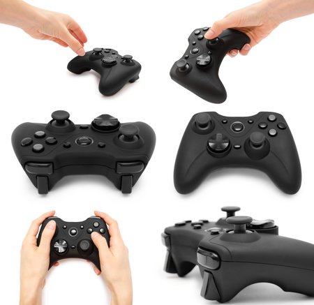 Set of different game controllers, woman hand holding gamepad. Isolated on white background.