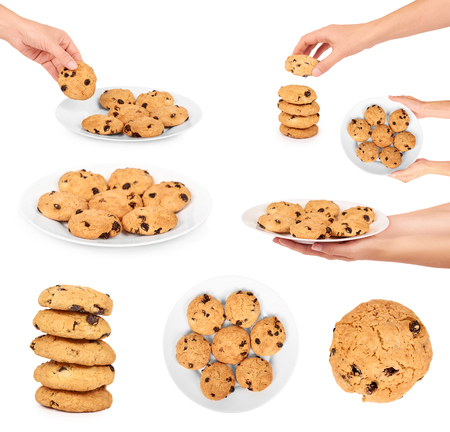 Set of chocolate chip cookie, woman hand, isolated on white backgroundの写真素材
