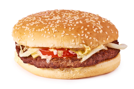 Fresh tasty burger with cheese isolated on white background. Fast food Cheeseburger.の写真素材