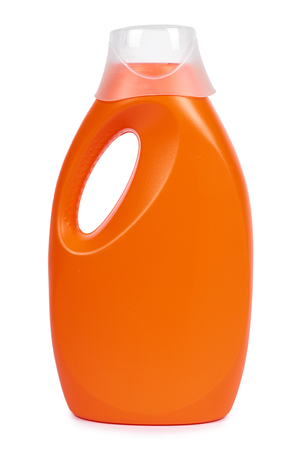 Orange plastic detergent bottle isolated on white background.の写真素材
