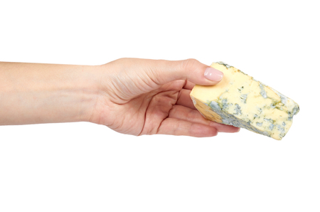Piece of milky blue cheese with hand, isolated on white background.の写真素材