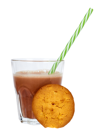 Glass of chocolate milk cocoa and straw with homemade cookies isolated on white background.の写真素材