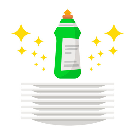 plates and detergent for washing isolated on white background. Vector illustration, cartoon style.のイラスト素材