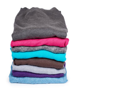 pile of multi color fabric texture, wool cloth isolated on white background, copy space template.の写真素材