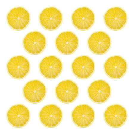Juicy yellow slice of lemon fruit pattern background, flat lay.