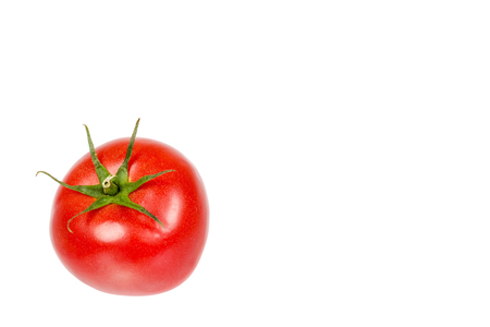 Fresh whole raw red tomato with green leaf, isolated on white background, copy space template.の写真素材