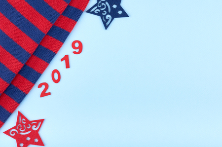 New Year 2019 composition with number and star. Christmas concept background. Flat lay, top view of festive still life.の写真素材